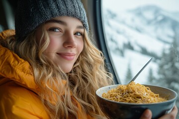 Young woman eating instant noodles at home, reflecting the casual and easy-going nature of quick meals., Generative AI