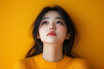 Young Asian woman looking up, imagining ideas and brainstorming creative thoughts, symbolizing inspiration and motivation., Generative AI