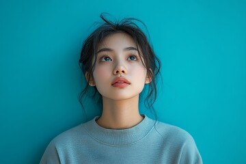 Young Asian woman looking up, imagining ideas and brainstorming creative thoughts, symbolizing inspiration and motivation., Generative AI