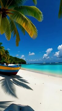 camera flyover of exotic tropical coastline with ocean vibrant lush greenery and turquoise waters aerial view