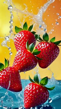 strawberries captured in a huge water splash against vibrant red background dynamic fresh and juicy concept