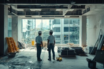 Asian contractor and engineer inspecting construction materials in a building, ensuring safety and structural integrity., Generative AI