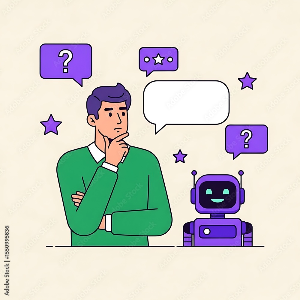 Poster pensive man in a green sweater contemplating with a curious purple robot surrounded by question mark