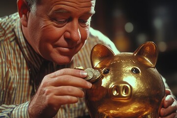 Close-up of a man putting coins into a piggy bank, symbolizing savings and financial responsibility., Generative AI