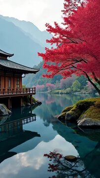 A serene Japanese onsen (hot spring) nestled in the heart of a misty mountain landscape surrounded by smooth stones, with warm steam rising into the crisp morning air.	