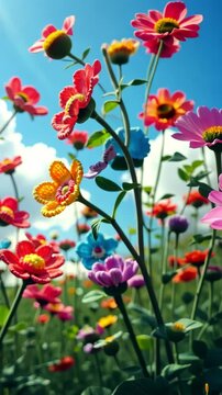 vertical video of field filled with blooming crochet knitting wildflowers vibrant colorful natural summer scenery outdoors