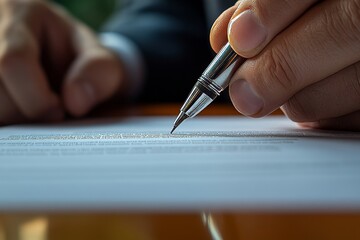 Businessman sitting at his desk, holding a pen and signing contract papers for lease, mortgage, or employment agreement, formalizing partnerships., Generative AI
