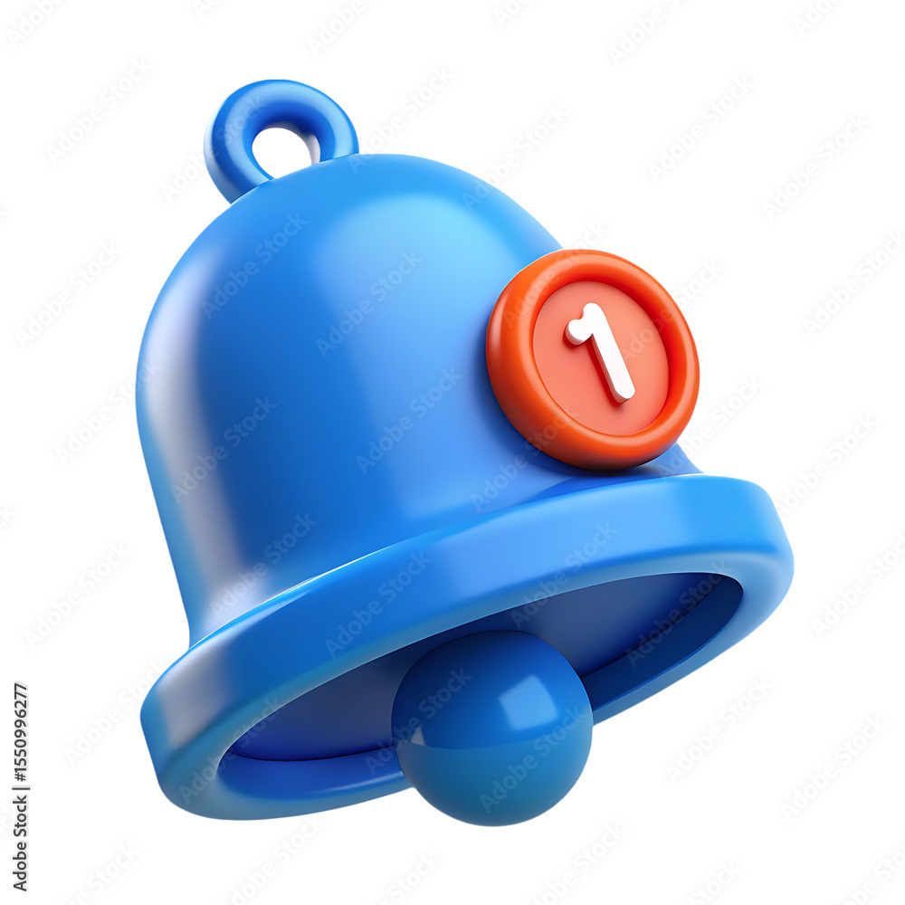 Poster blue 3d notification bell icon with a red circle and white number one isolated on transparent backgr