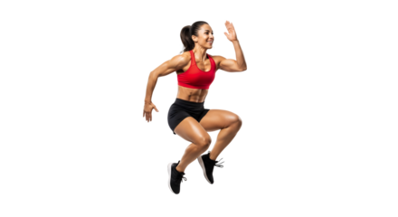 Woman in sportswear jumping with a determined expression shown on transparent background