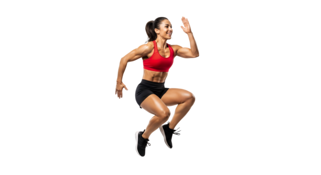 Woman in sportswear jumping with a determined expression shown on transparent background