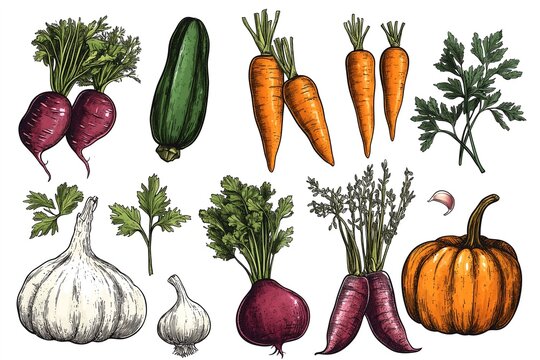 Autumn vegetables ink set with pumpkin, carrots, beetroots, squash, garlic and herbs on white background.