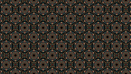 Intricate dark pattern featuring repeating floral and geometric elements in a symmetrical arrangement