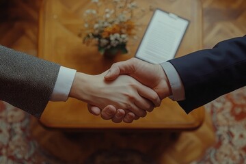 Top view of hands of an agent and client shaking hands after signing a contract for buying a new apartment, completing a property transaction., Generative AI