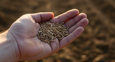 A Farmers Hand Holding Seeds Ready for Planting in the Field at Sunset