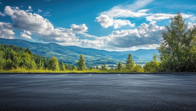 Empty parking lot overlooking a mountain vista