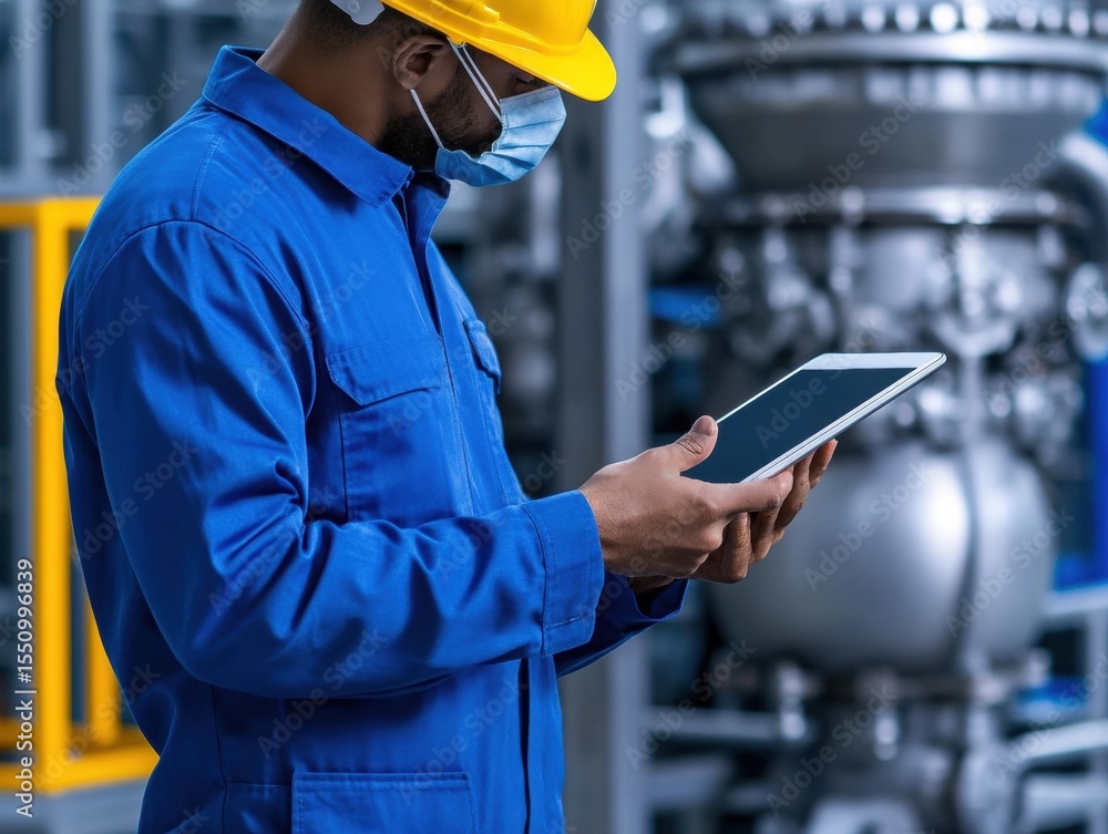 Poster worker using tablet in factory