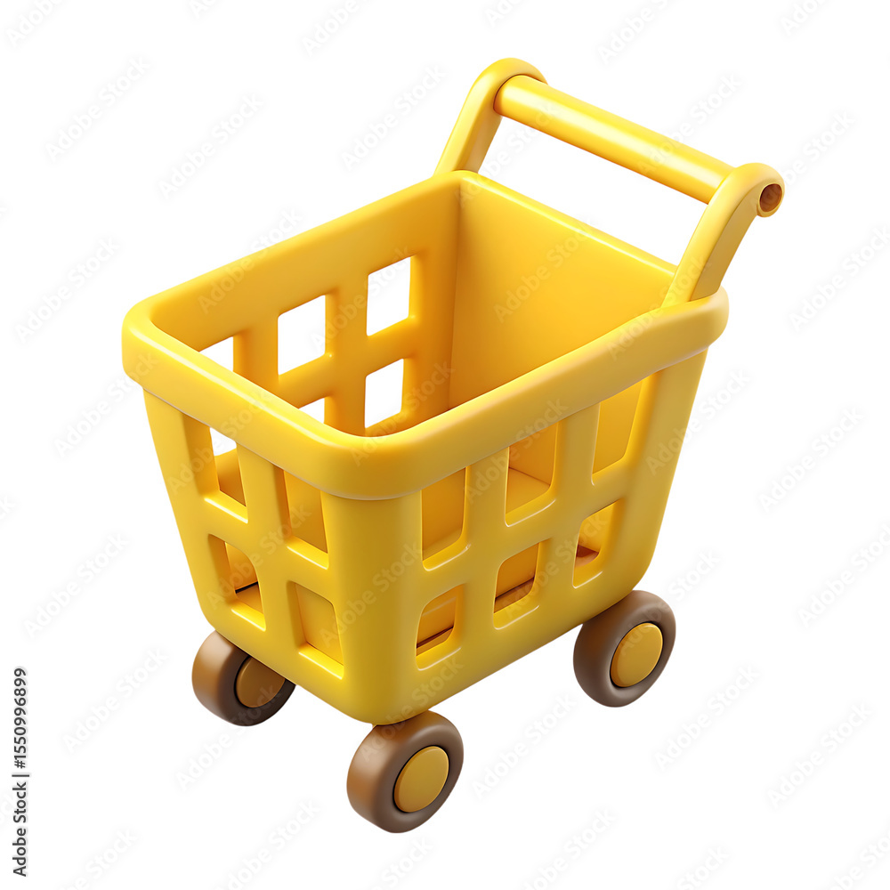 Poster bright yellow shopping cart with wheels isolated on a transparent background for e commerce isolated