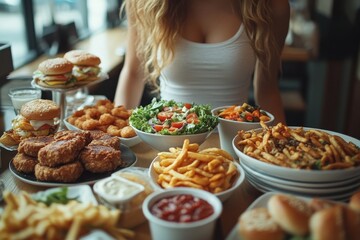 Diet food for weight loss concept, woman pushing away fast food and choosing healthy alternatives like salad to control cholesterol and sugar intake., Generative AI