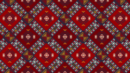 A repeating pattern of red diamonds with geometric shapes and dark blue lines in the background