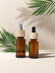 Fototapeta premium Amber bottles with natural elements backdrop
