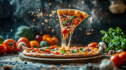 A mouthwatering image of a pizza slice being lifted, showcasing stretchy melted cheese and vibrant toppings. Surrounding fresh ingredients add to the appetizing scene.