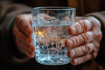 Healthcare harmony: Close-up of hands holding medication and a water glass for optimal wellness, focusing on pharmaceutical and mental health treatment., Generative AI
