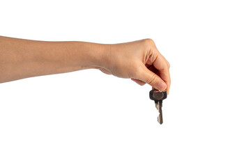 Key with a ring in hand on a transparent background.