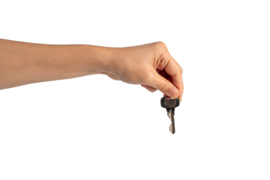 Key with a ring in hand on a transparent background.