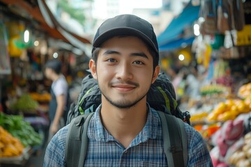 Backpacker journey destination concept. Young tourism student traveling through city streets in Southeast Asia during a summer vacation trip, exploring the local culture., Generative AI