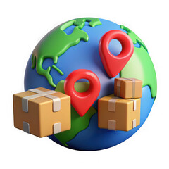 Global delivery and shipping concept with 3d rendered globe, packages, and location pins, isolated on transparent background