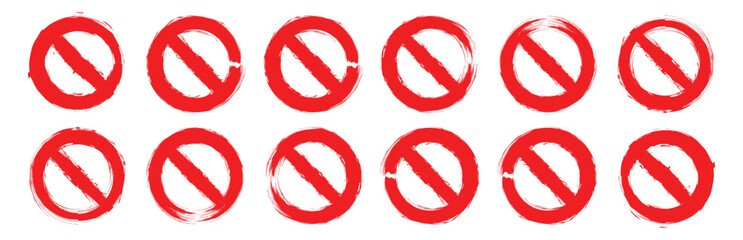 Grunge prohibition sign. Empty prohibition sign, no symbol. Red stop sign vector illustration set. Forbidden sign Art & Illustration