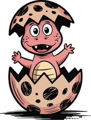 Fototapeta premium Cartoon Baby Dinosaur Coming Out of Spotted Egg vector illustration,Generative Ai