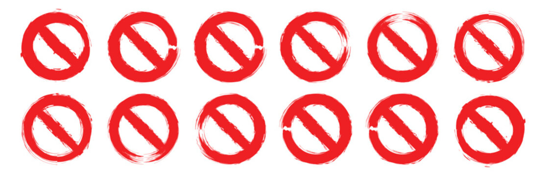 Grunge prohibition sign. Empty prohibition sign, no symbol. Red stop sign vector illustration set. Forbidden sign Art & Illustration