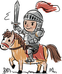Crayon Style Cartoon Knight on Horse with Sword vector illustration,Generative Ai
