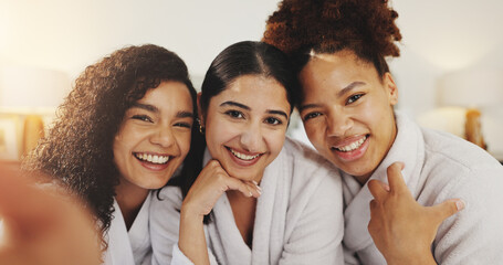 Women, friends and selfie at spa with smile, portrait or hug with love on vacation at luxury resort. People, girl or embrace with group for photography POV, memory or bonding in hotel room on holiday