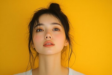 Face expression of an Asian woman experiencing the weather on a summer day in a studio shoot with a yellow background, showcasing her emotional response., Generative AI