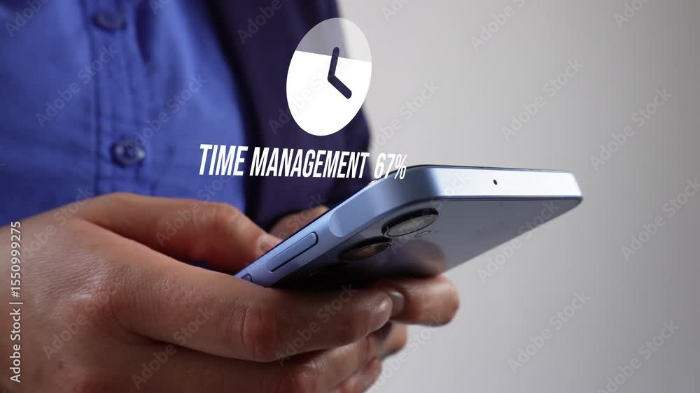 Poster close-up of the hands of a person with a smartphone and a percentage progress indicator loop of a cl
