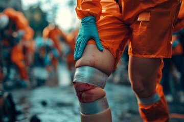 People get injured concept, close-up of a person with on the knee, highlighting the recovery process after an accident., Generative AI