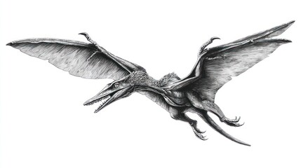 Monochrome illustration of a pterodactyl in flight
