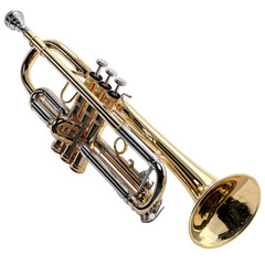 Obraz premium A shiny trumpet with a polished finish and intricate valve system, showcasing the beauty of brass instruments. Png, Transparent background.
