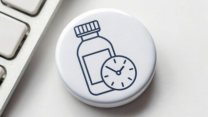 Minimalist Healthcare Technology concept. Medication timer icon on a button beside a keyboard.