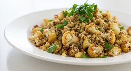 カリフラワーとキヌアの彩り豊かな炒め物 黄金色に輝く野菜とハーブの香り. AI Generated