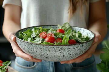 Eat healthy food on wellness lifestyle. Beauty young woman eating a salad for breakfast, emphasizing the importance of nutritious meals., Generative AI