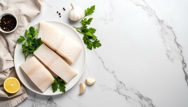 fresh raw cod fish and herbs on white plate with copy space