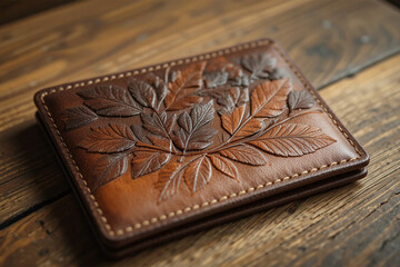 Handcrafted Leather Wallet with Embossed Leaf Design on Wooden Table