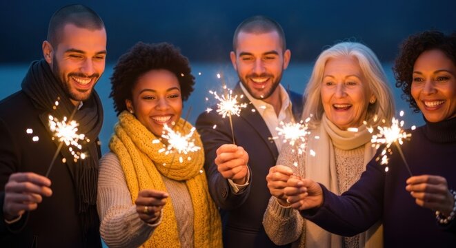 Celebrating new year's eve with sparklers diverse group of friends and family smiling