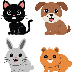Fototapeta premium Set of cartoon baby cat, dog, rabbit and hamster Vector,Generative Ai