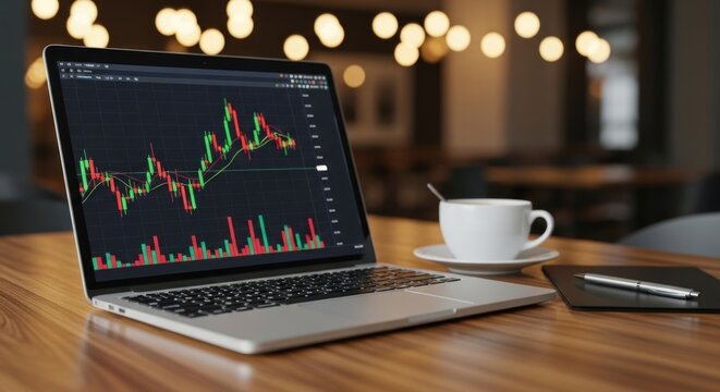 Stock market analysis on laptop screen with coffee cup and pen on wooden table