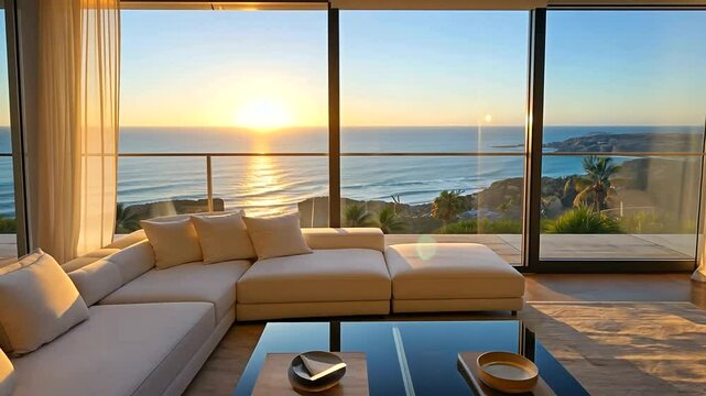 Modern living room with a panoramic ocean view at sunset, showcasing tranquility and elegance