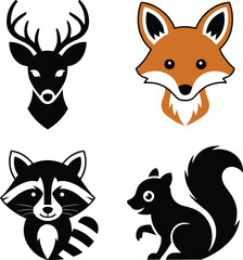 Fototapeta premium Flat and silhouette icons of deer, fox, raccoon, and squirrel Vector,Generative Ai